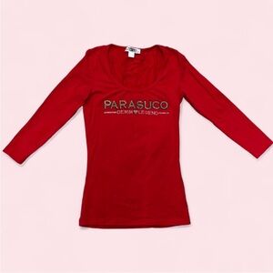 Parasuco Scoop Neck Long Sleeve Top in Red with Logo Detail